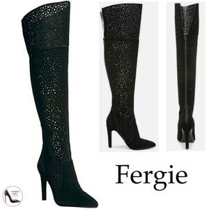 Fergie Destiny Black Suede Laser Cutout Over The Knee Stiletto Heeled Boots 8